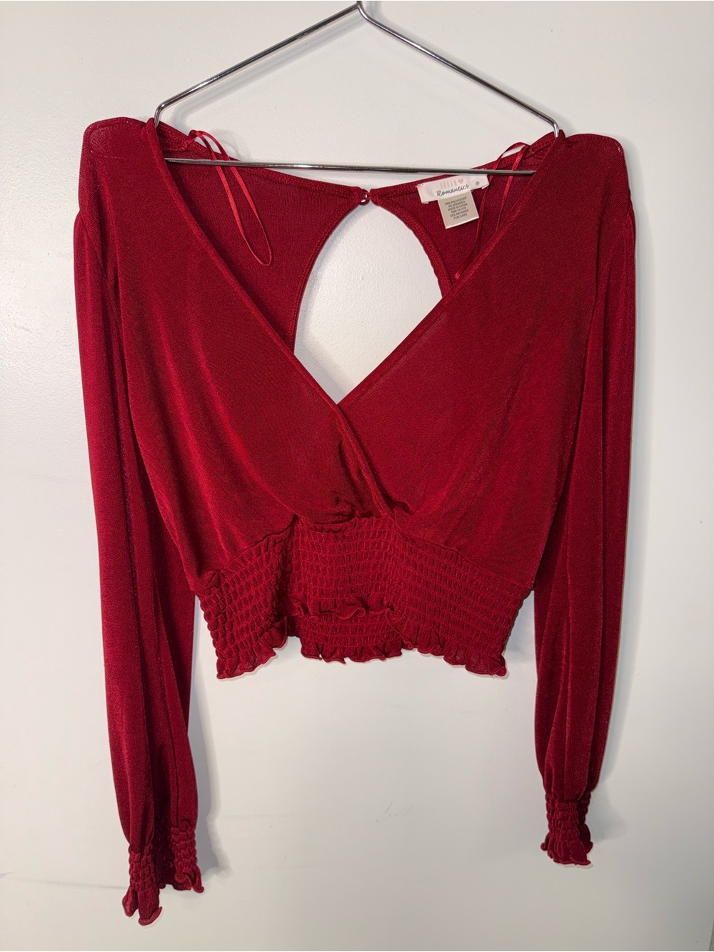 Urban Romantics Red Velvety Long Sleeve Crop Top Smocked Waist Y2K Coquette